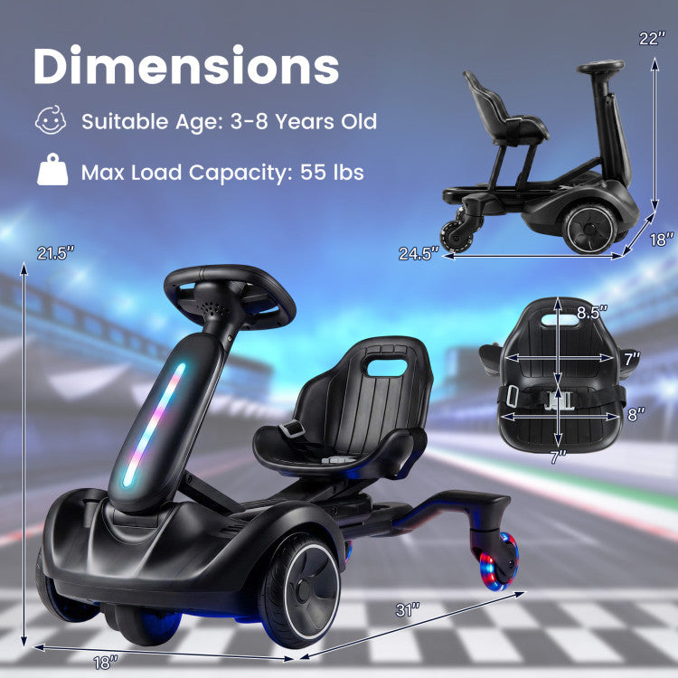 Dimensions of a children's toy car with measurements and specifications on a blurred race track background.