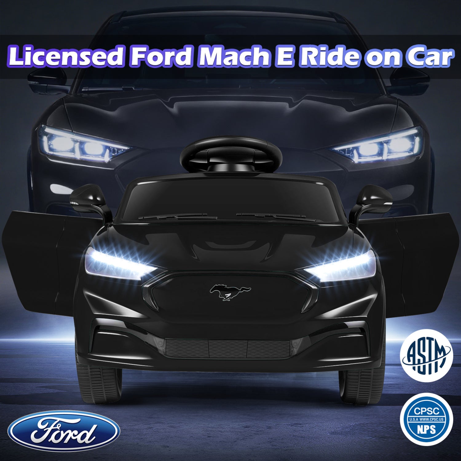 Black toy car resembling a Ford Mach E with illuminated headlights on a dark background.
