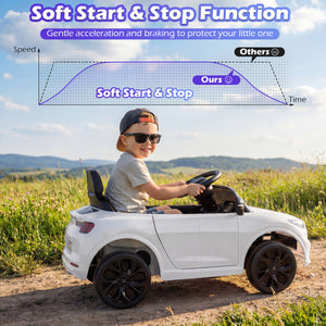 Child driving a toy car in a field with text about soft start and stop function.