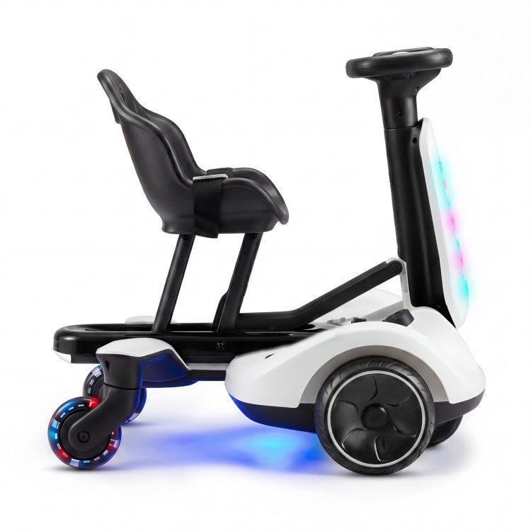 A white and black kids' electric ride-on toy with a seat, handlebar, and colorful LED lights, shown on a white background.