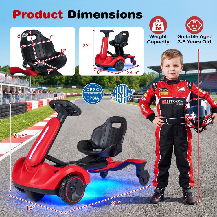 A red and black kids' kick scooter with glowing blue LED underglow, shown on a racetrack with measurement callouts, inset detail diagrams, and a child in a racing suit standing beside it. Text reads 'Product Dimensions', 'Weight Capacity 35 lbs', and 'Suitable Age: 3-8 Years Old'.