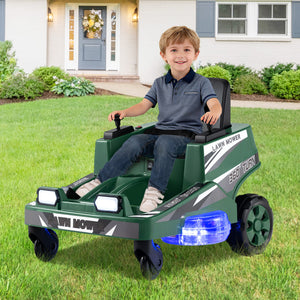Child sitting on a toy lawn mower in a grassy area with a house in the background