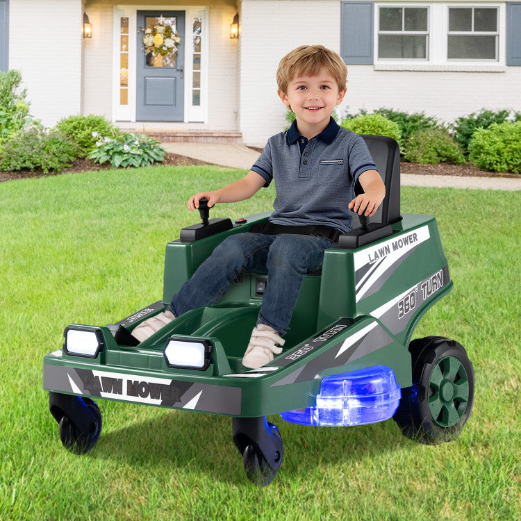 Child sitting on a toy lawn mower in a grassy area with a house in the background