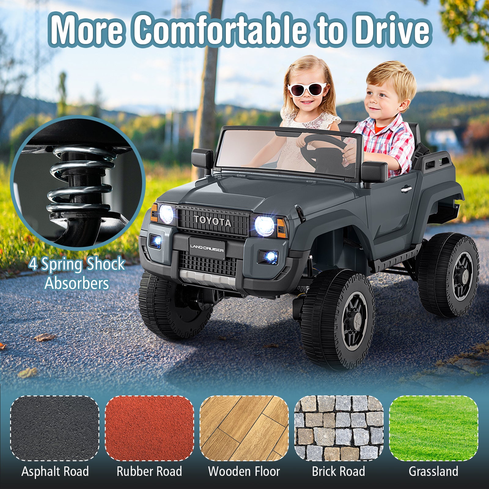 Children driving a toy car with shock absorber detail and road surface options displayed.