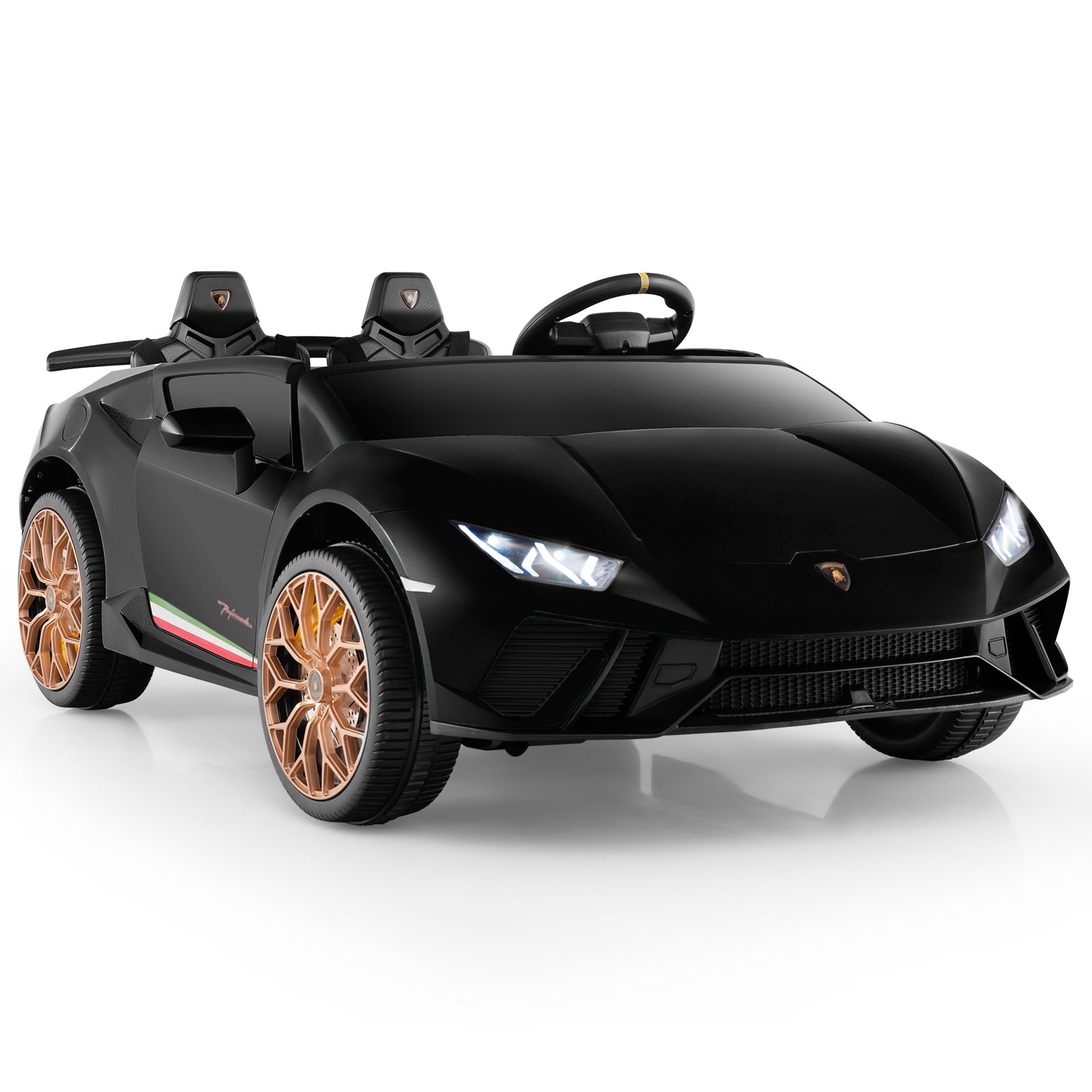 Black toy car with gold wheels on a white background