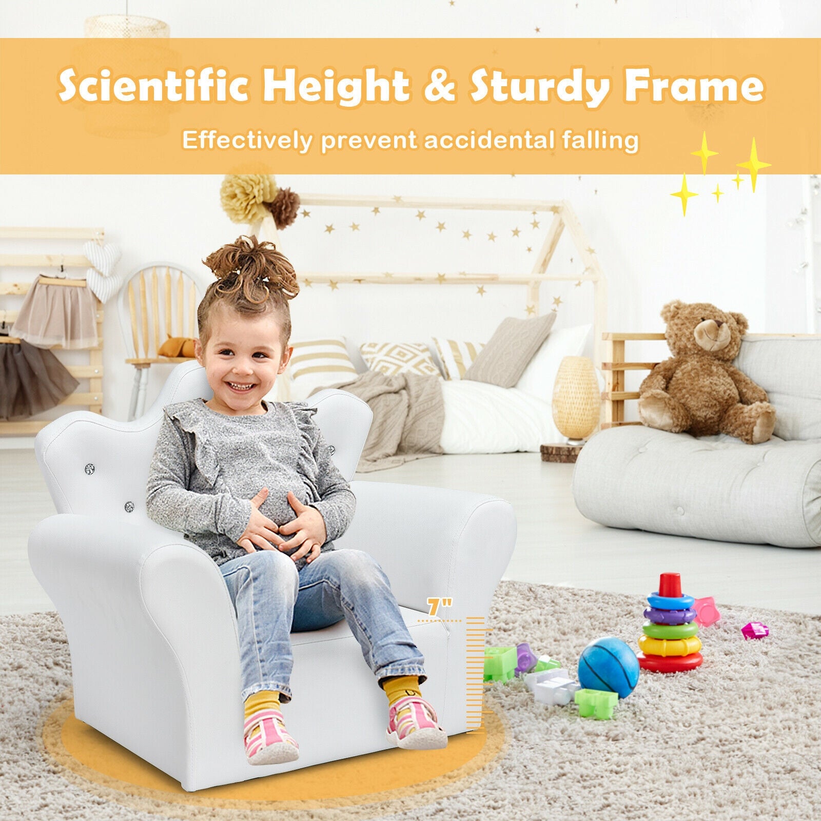 Child sitting on a white chair with toys around, in a room setting.