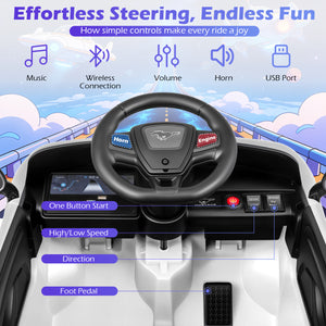 Steering wheel and dashboard of a toy car with control features highlighted.