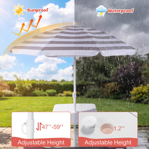 Outdoor umbrella with sun and rain icons, labeled 'Sunproof' and 'Waterproof', on a garden background.