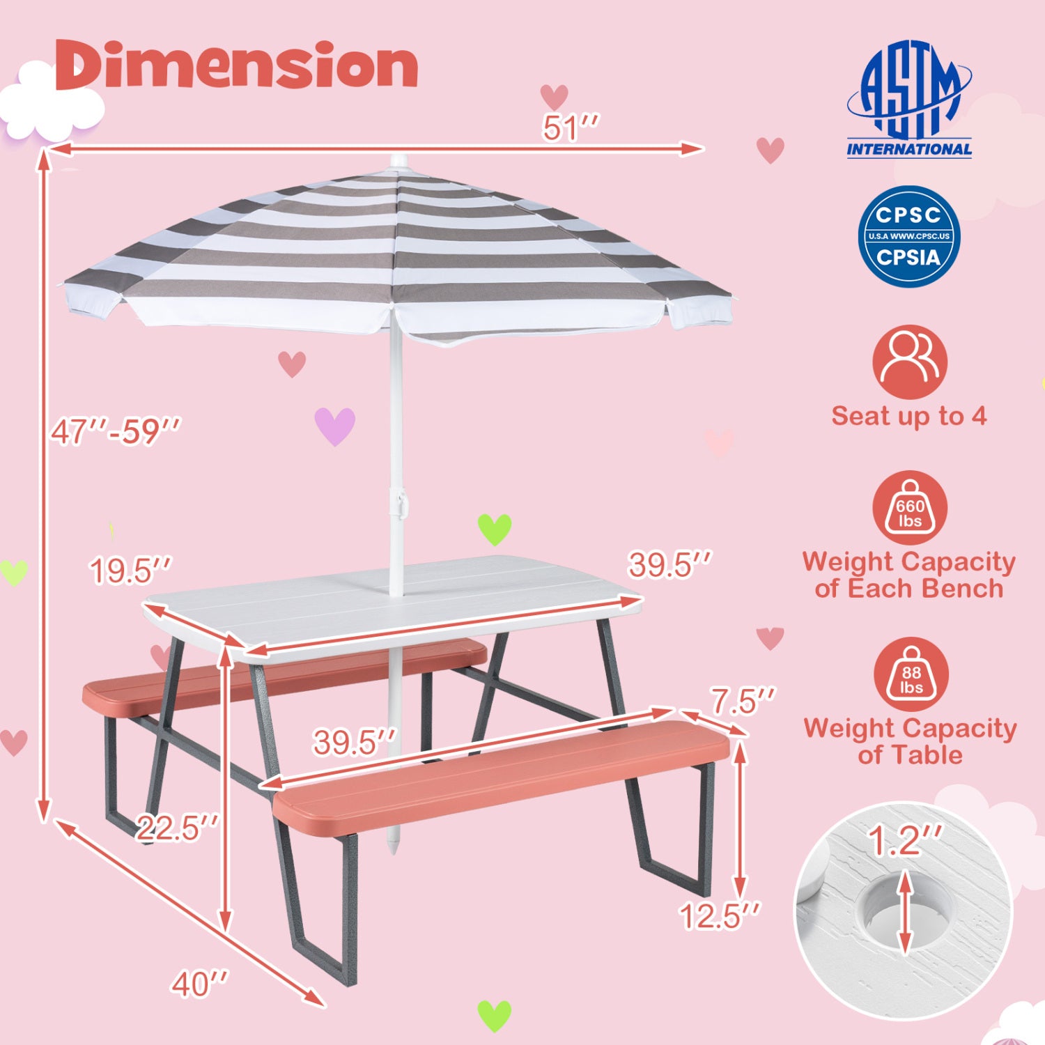 Picnic table set with umbrella and benches on a pink background with dimensions and certifications displayed.