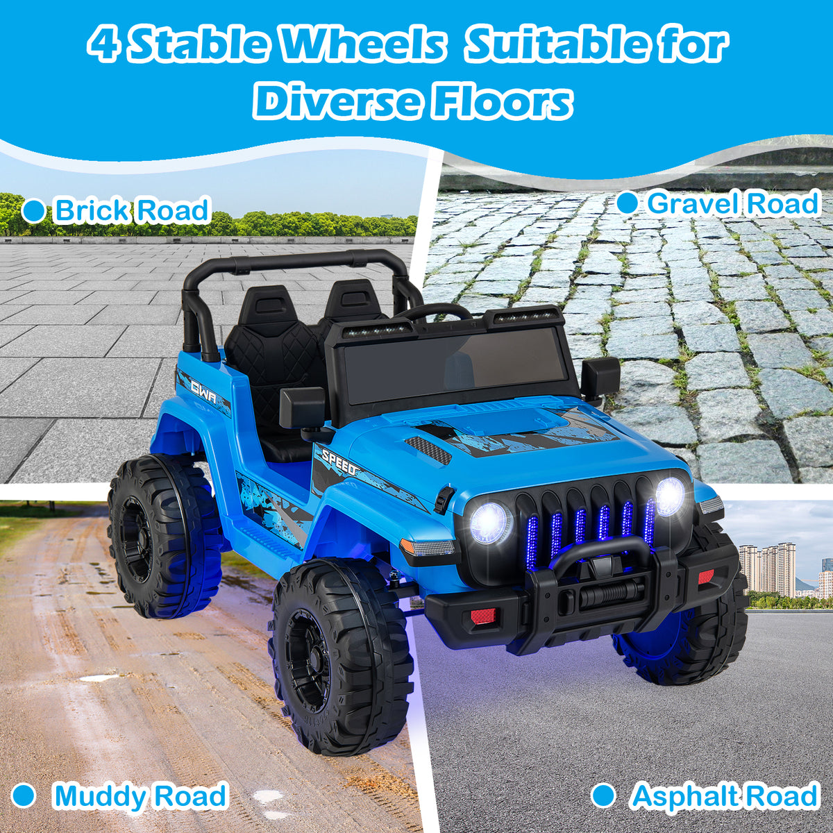 Blue toy jeep with stable wheels on various road types