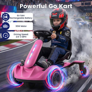 A child wearing a racing helmet and suit sits on a pink go-kart with glowing multicolor LED wheels on a racetrack. Large text at the top reads 'Powerful Go Kart,' and feature callouts mention 6V 5AH rechargeable battery, 30W motor, and 2.