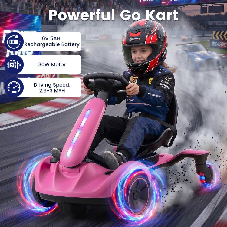 A child wearing a racing helmet and suit sits on a pink go-kart with glowing multicolor LED wheels on a racetrack. Large text at the top reads 'Powerful Go Kart,' and feature callouts mention 6V 5AH rechargeable battery, 30W motor, and 2.