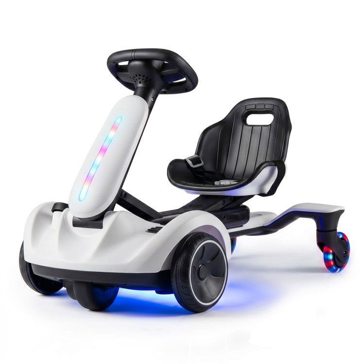Children's toy car with a seat and steering wheel on a white background