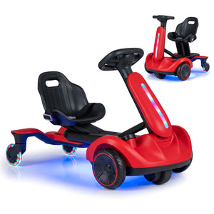 Red and black electric kids' go-karts shown on a clean white background, with one large front view in the foreground and a smaller rear-three-quarter view in the upper right. The karts have molded seats, steering wheels, four wheels, and glowing blue LED light accents.