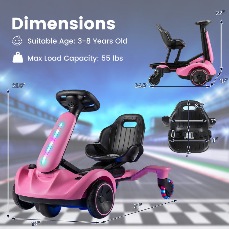 Children's pink and black scooter with dimensions and specifications on a blue background