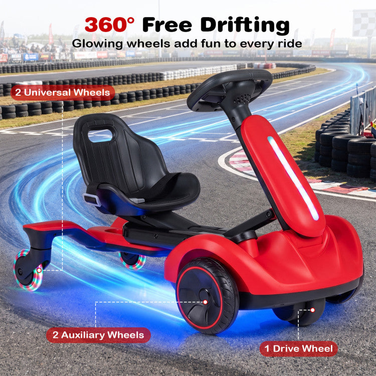Red and black kids' go-kart style ride-on toy shown on a racetrack with overlaid marketing text and callouts for wheels and features.
