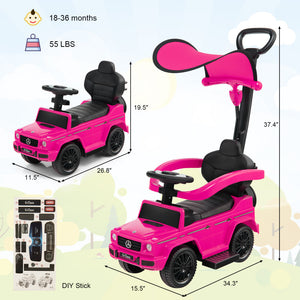 Pink toy car with handle and dimensions on a light background