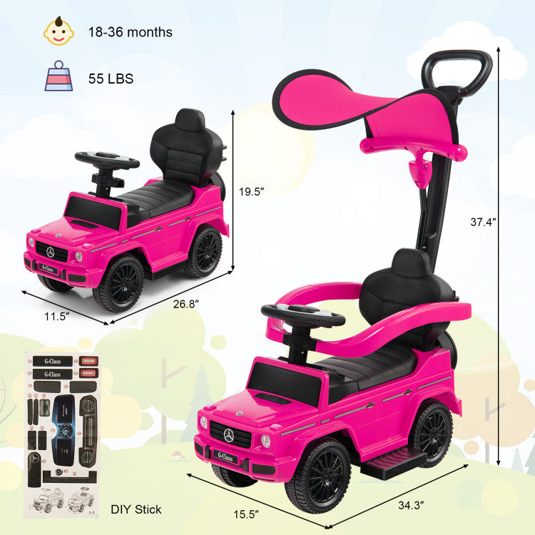 Pink toy car with handle and dimensions on a light background