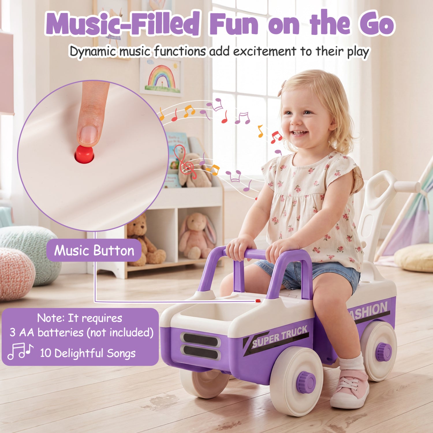 Child playing with a toy truck in a room with educational toys.