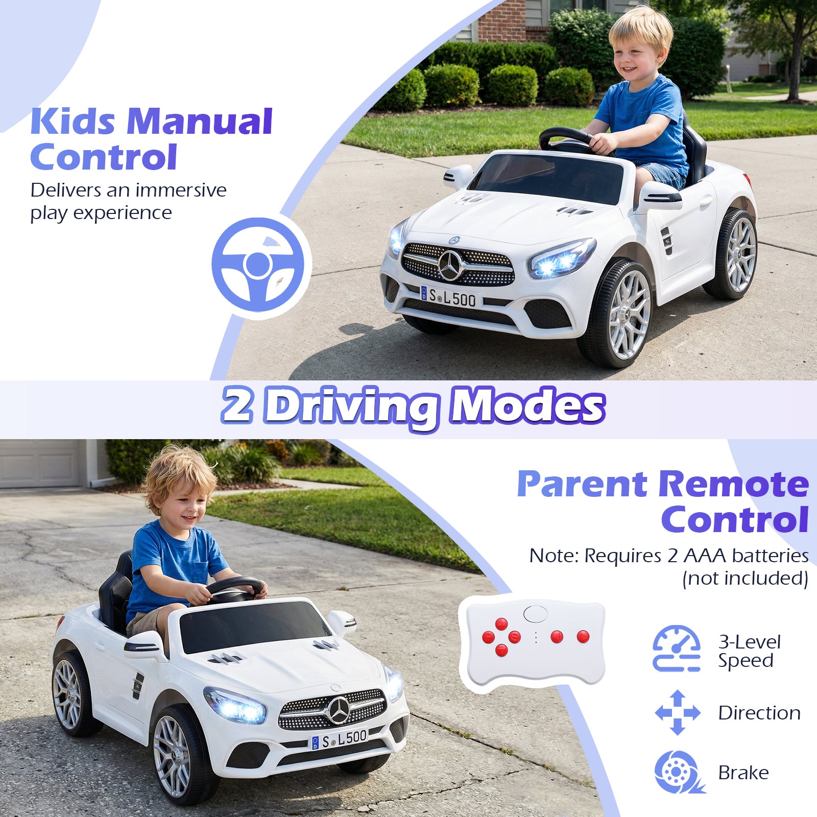 Child playing with a toy Mercedes-Benz car on a driveway, with text about kids manual control and parent remote control.
