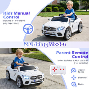 Child playing with a toy Mercedes-Benz car on a driveway, with text about kids manual control and parent remote control.