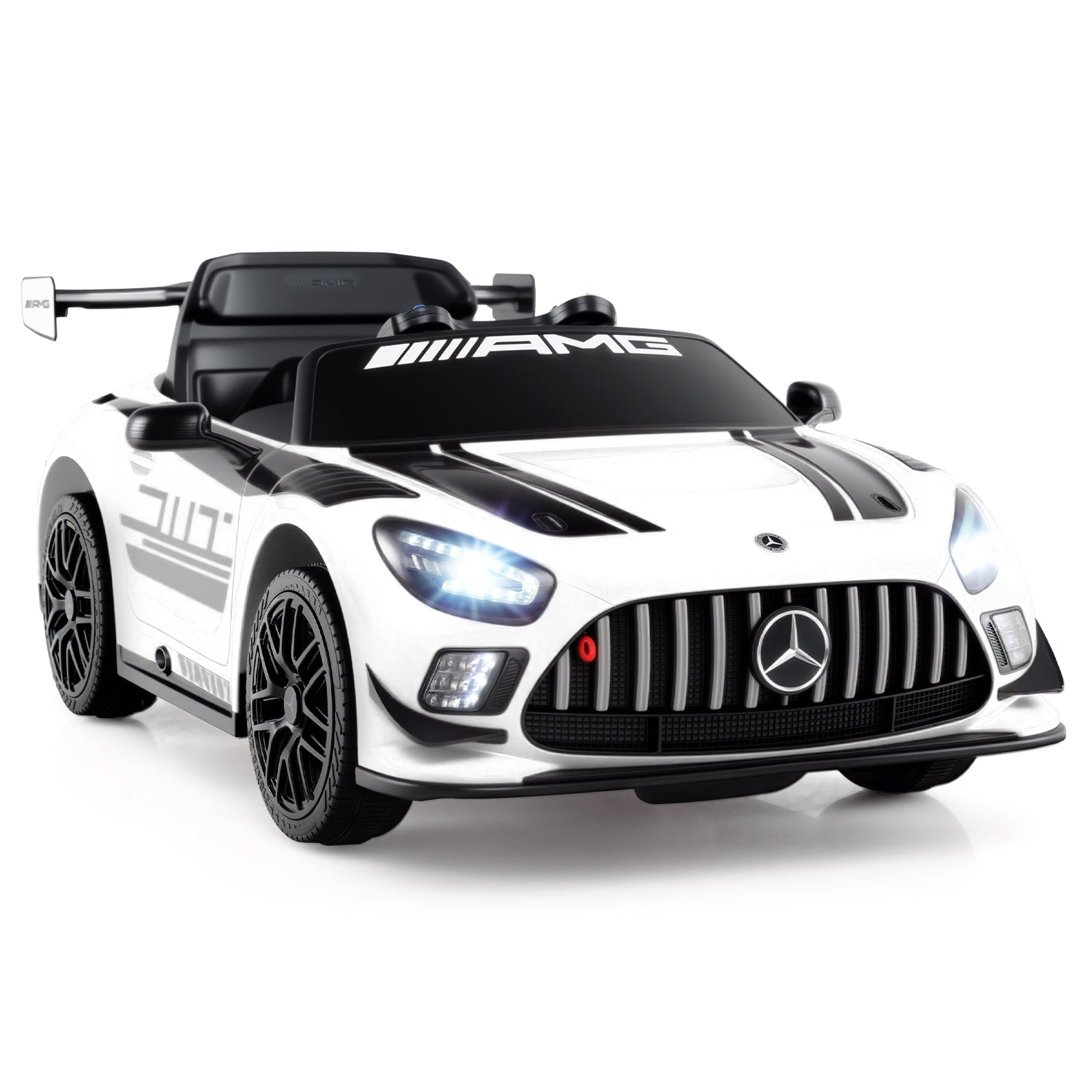 White toy car with black accents on a white background