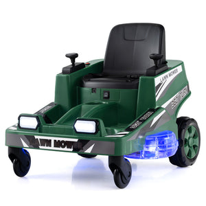 Toy lawn mower with green body, black seat, and blue lights on a white background