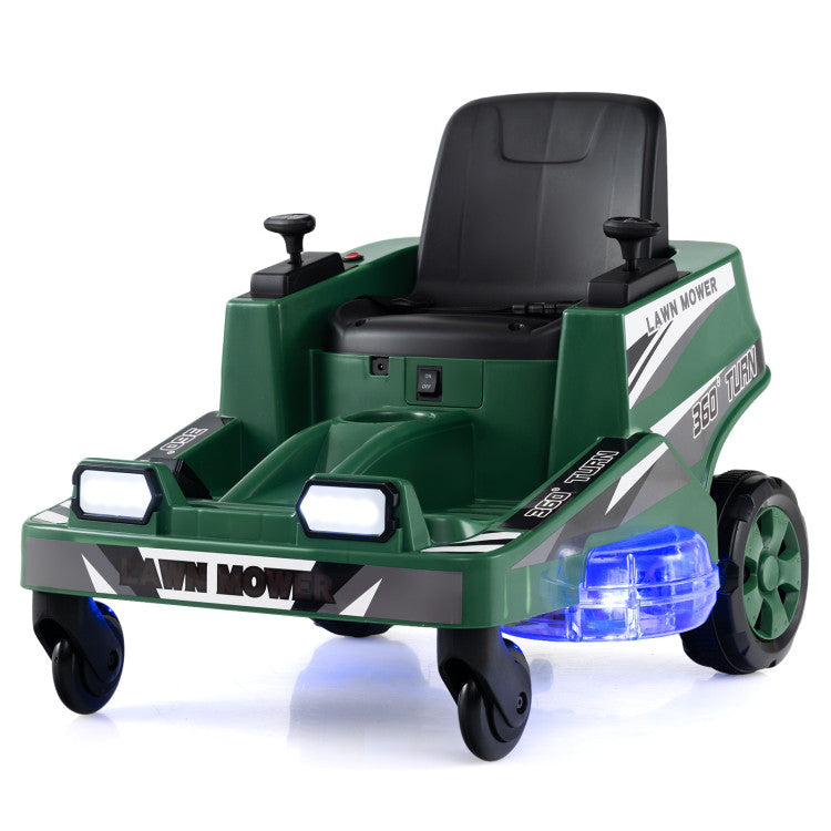 Toy lawn mower with green body, black seat, and blue lights on a white background