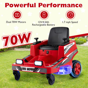 Red toy lawn mower with features highlighted on a grassy background