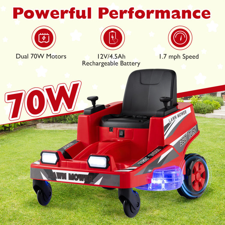 Red toy lawn mower with features highlighted on a grassy background