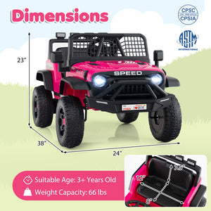 Pink toy jeep with dimensions and safety certification logos on a green background