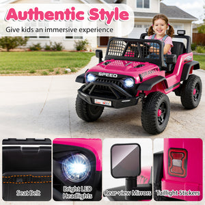 Pink toy truck with features highlighted, including seat belt, bright LED headlights, rear-view mirrors, and tailight stickers. A child is sitting in the truck.