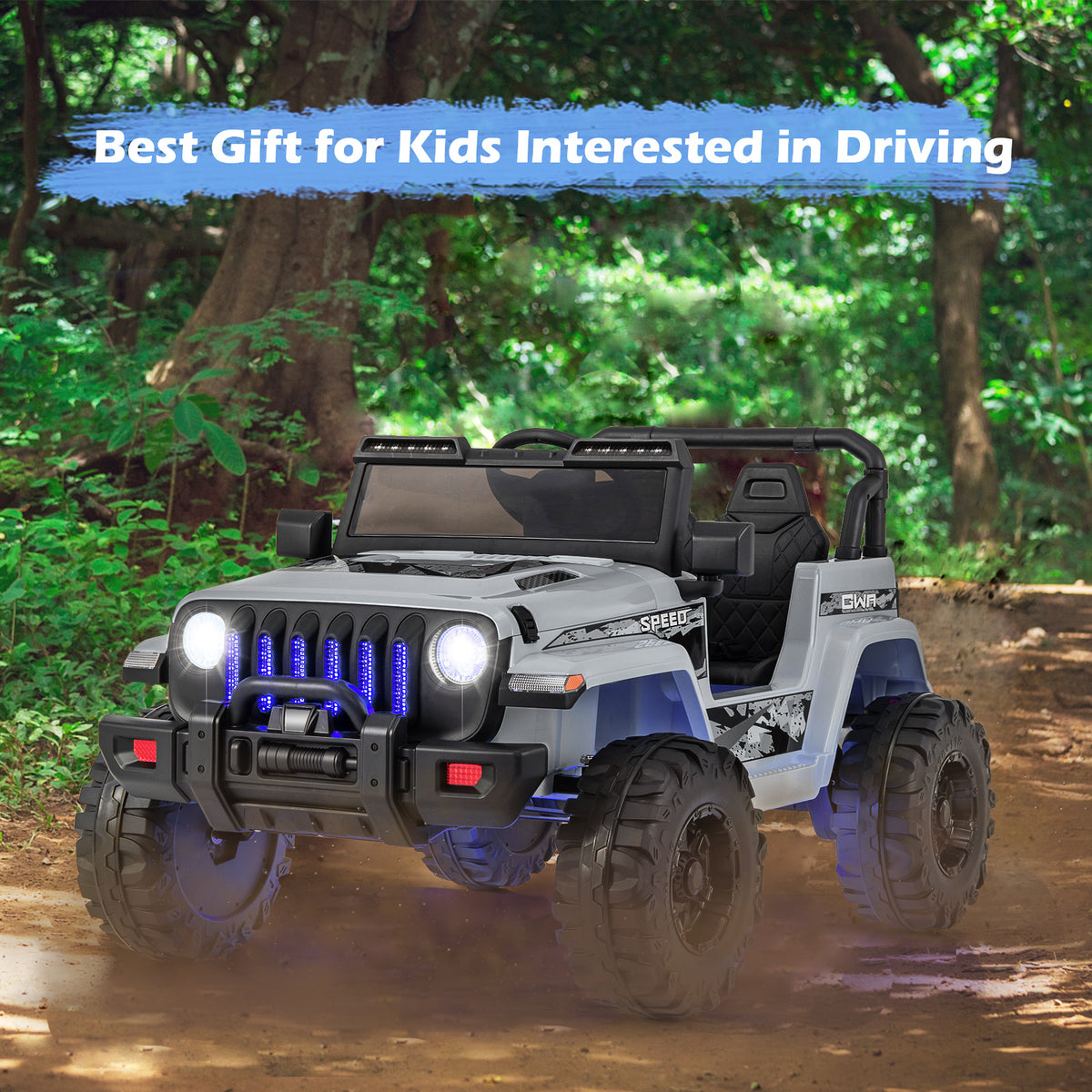 Toy jeep with blue lights on a dirt road in a forest setting, labeled 'Best Gift for Kids Interested in Driving'.