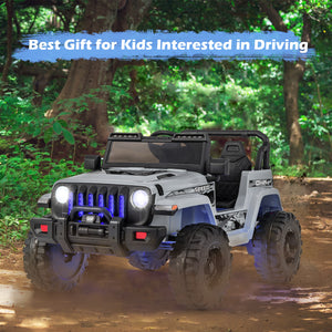 Toy jeep with blue lights on a dirt road in a forest setting, labeled 'Best Gift for Kids Interested in Driving'.