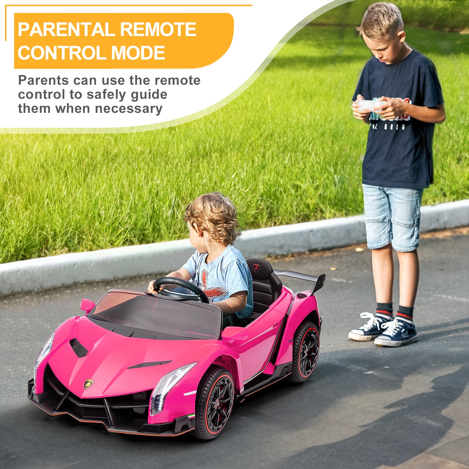 Lamborghini Poison Small Dual Drive 12V 4.5AH with 2.4G Remote Control Kids Sports Car, Electric Toy Car, Pink