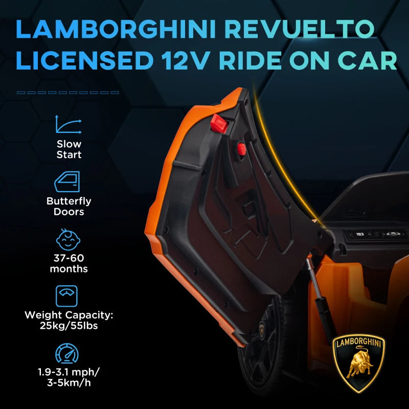 Lamborghini Revuelto 12V Kids Electric Ride-On Toy Car w/ Remote, Hydraulic Doors