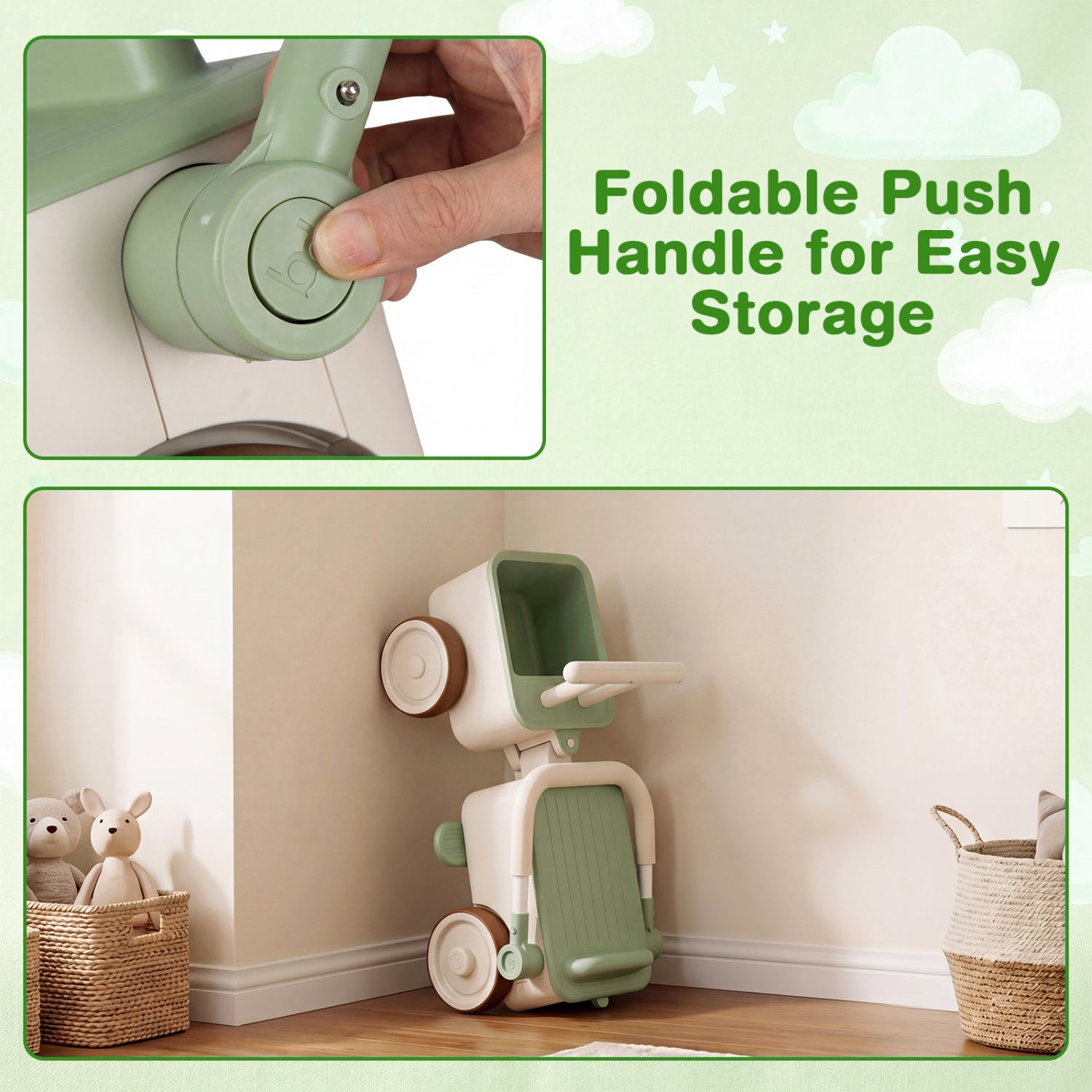 Foldable push handle for easy storage with a hand holding it and a scooter with the handle folded against a wall.