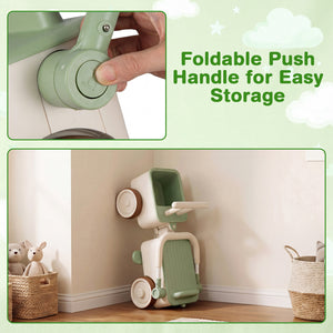 Foldable push handle for easy storage with a hand holding it and a scooter with the handle folded against a wall.