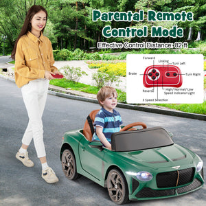 Woman pushing a green toy car with a child inside, set against a natural background.