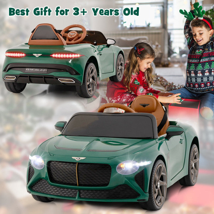 Green toy Bentley car with children playing in the background