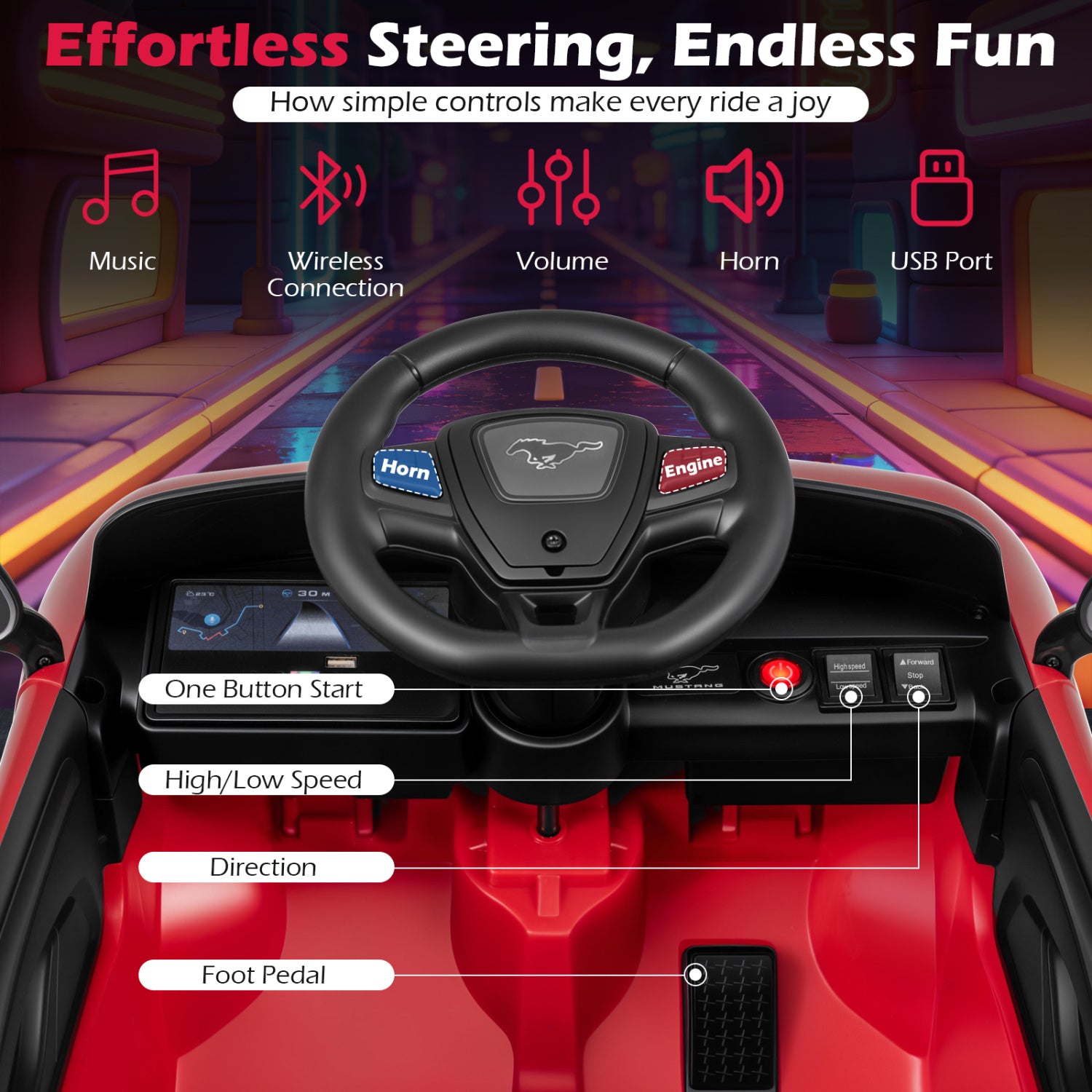 Toy car interior with steering wheel and controls, featuring a Mustang logo.