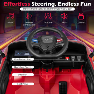 Toy car interior with steering wheel and controls, featuring a Mustang logo.