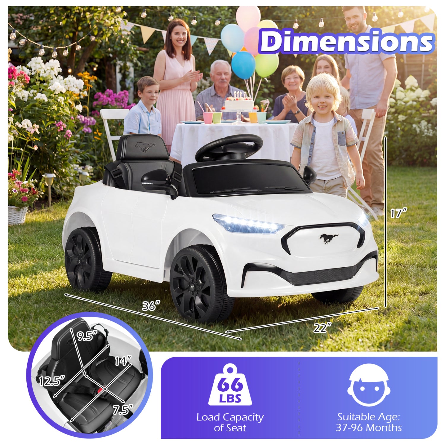 White toy car with dimensions and family in the background