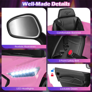 Collage of car features including side mirror, seat with backrest, headlights, and door with lock, on a colorful background.