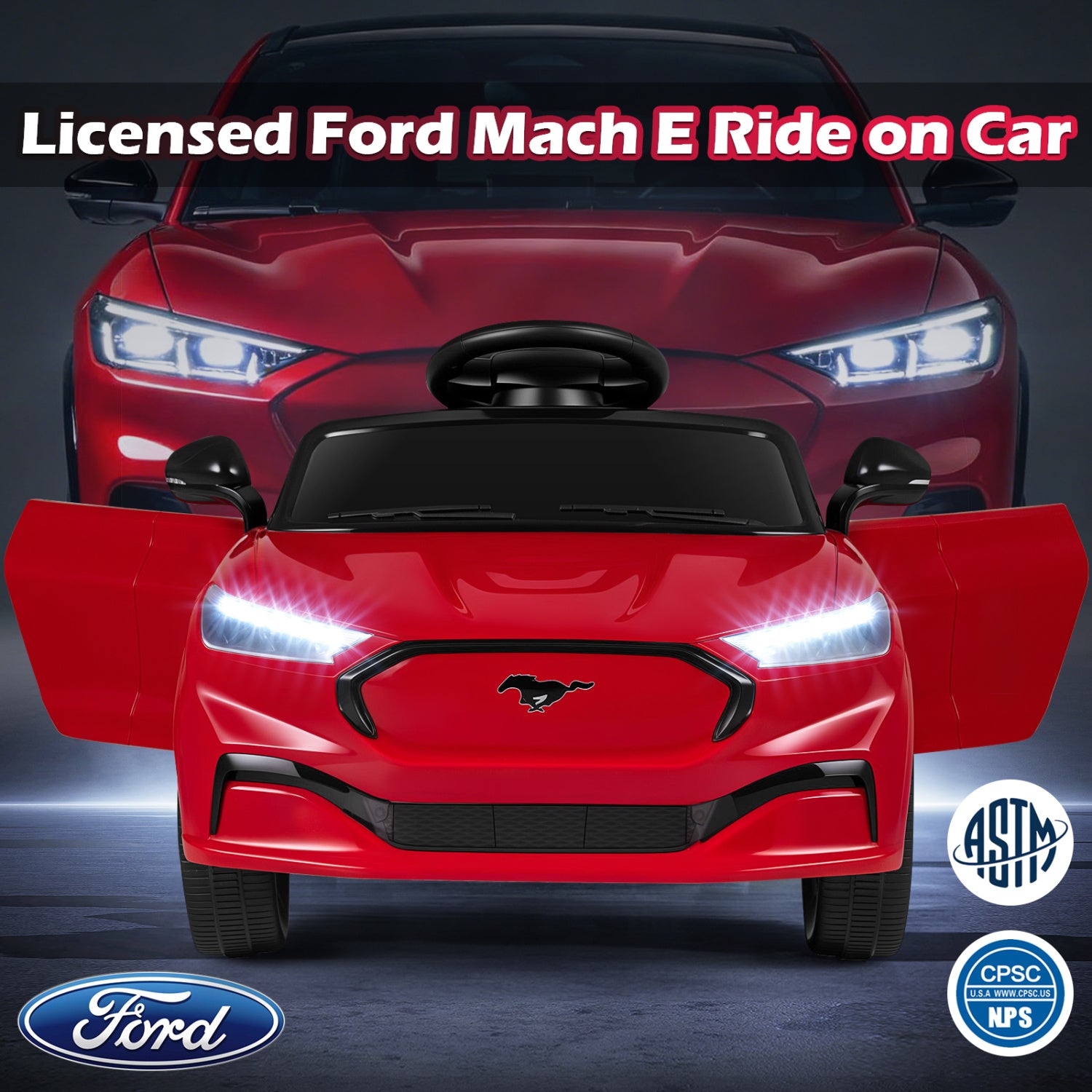 Red toy car resembling a licensed Ford Mach E on a dark background