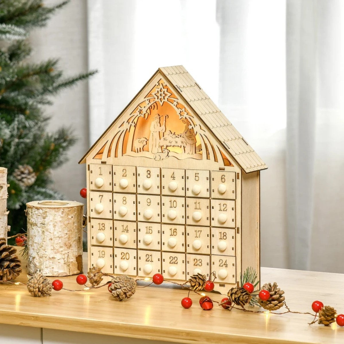 Light-Up Christmas Advent Calendar with Manger Scene & Countdown Drawers for Kids and Adults