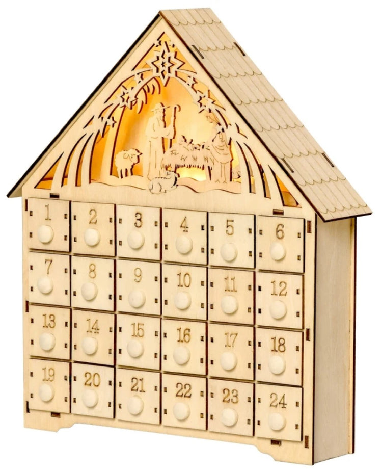 Light-Up Christmas Advent Calendar with Manger Scene & Countdown Drawers for Kids and Adults