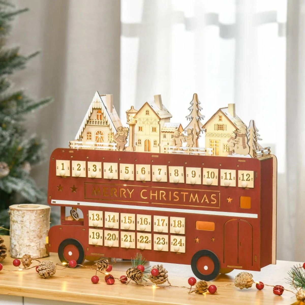 Light-Up Wooden Christmas Advent Calendar with Countdown Drawer and Santa Bus Decor