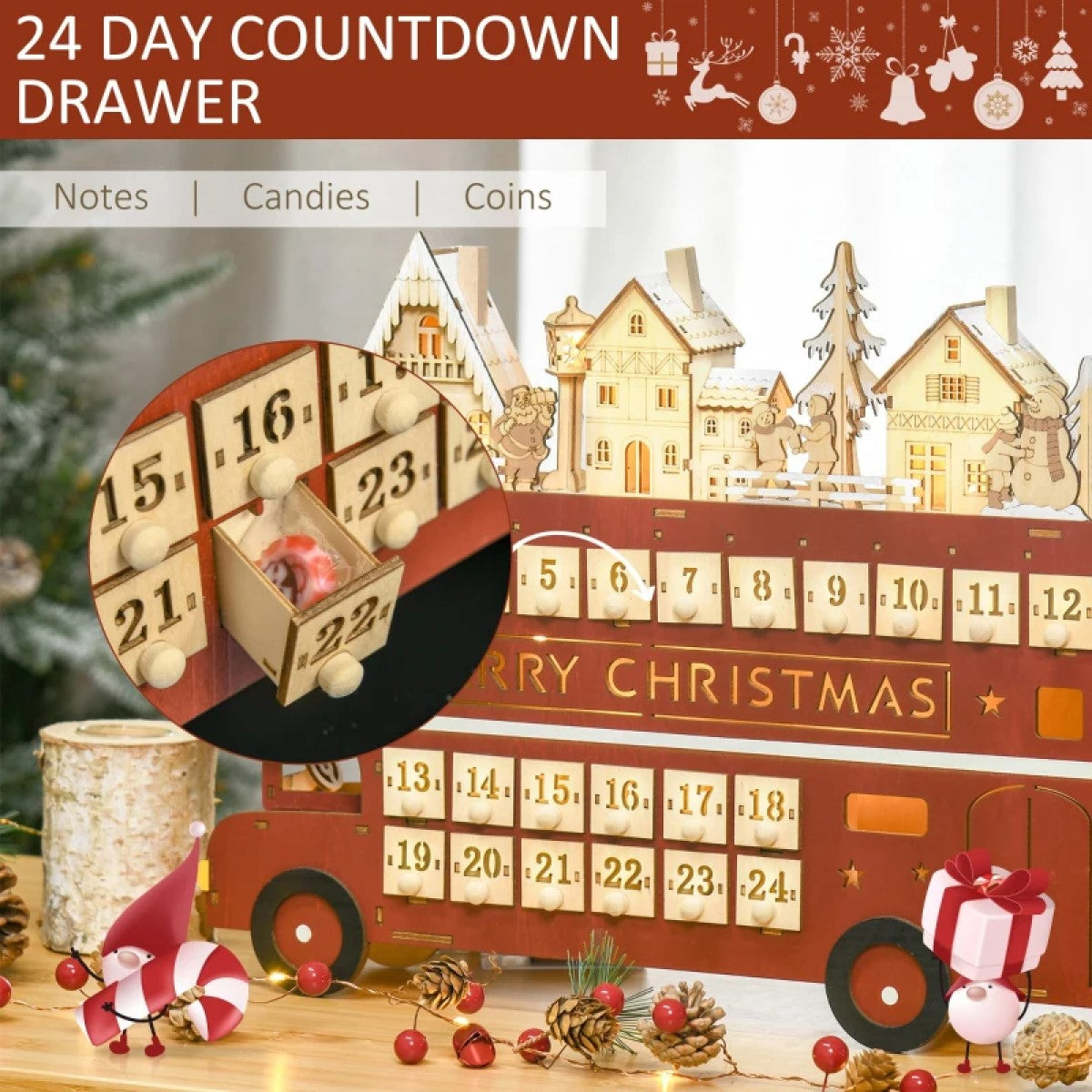 Light-Up Wooden Christmas Advent Calendar with Countdown Drawer and Santa Bus Decor