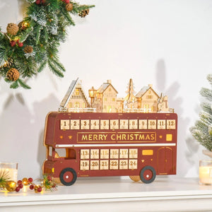 Light-Up Wooden Christmas Advent Calendar with Countdown Drawer and Santa Bus Decor